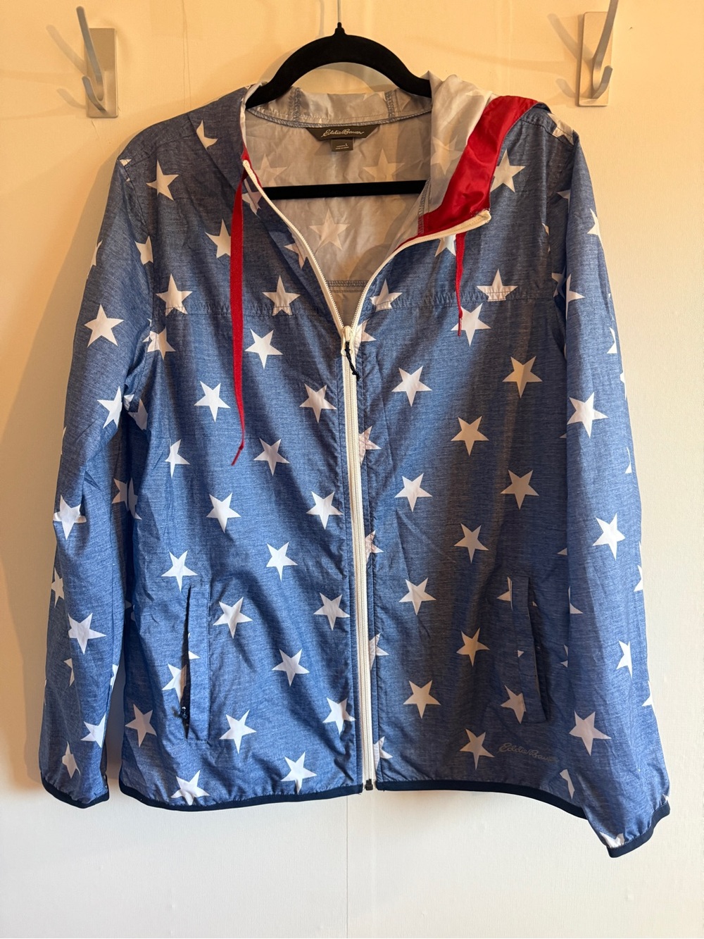 Eddie Bauer Stars Hooded Windbreaker Jacket Women’s Large Patriotic Full Zip